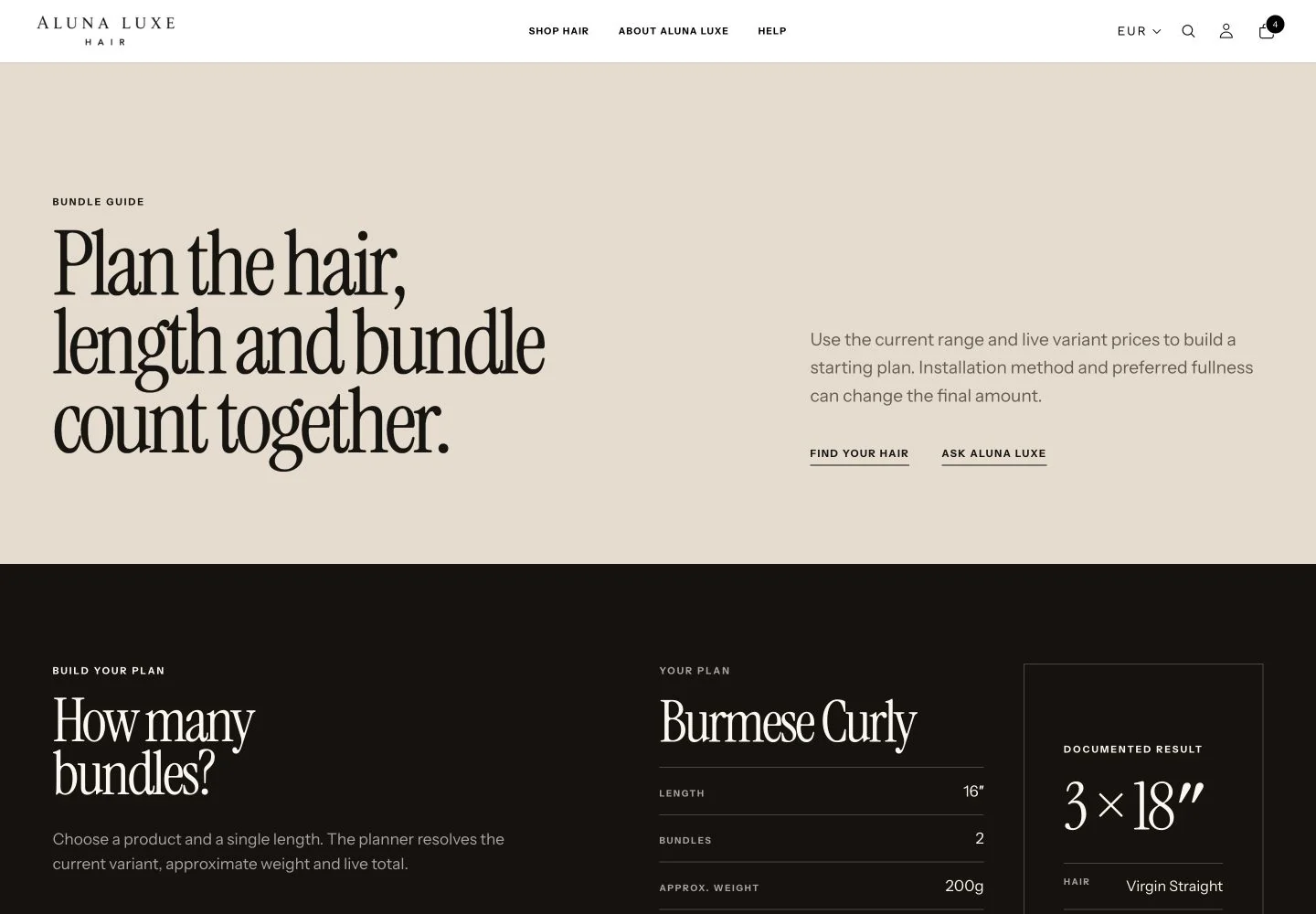 Bundle Guide combining hair type, length, bundle count, approximate weight and current price.