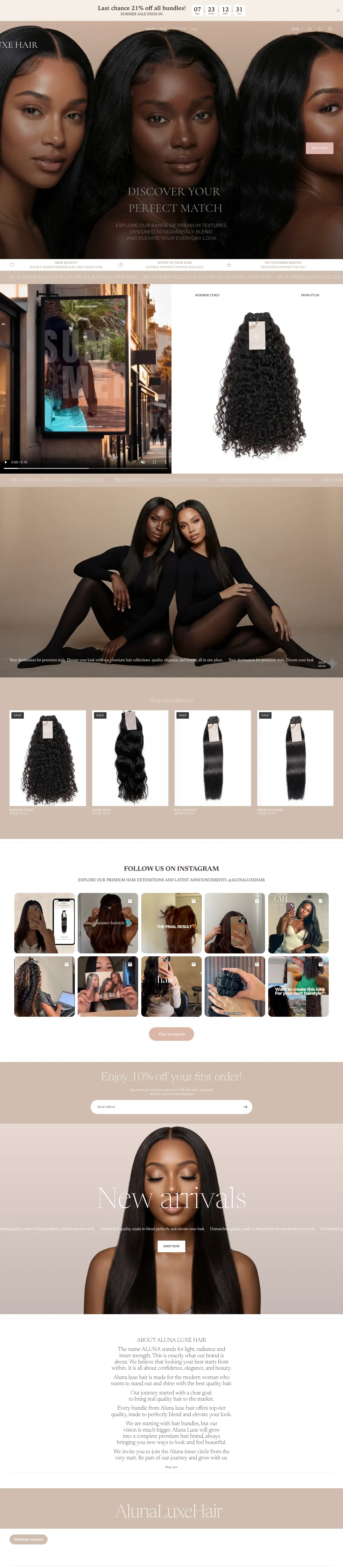The complete original Aluna Luxe homepage from the countdown banner to the footer.