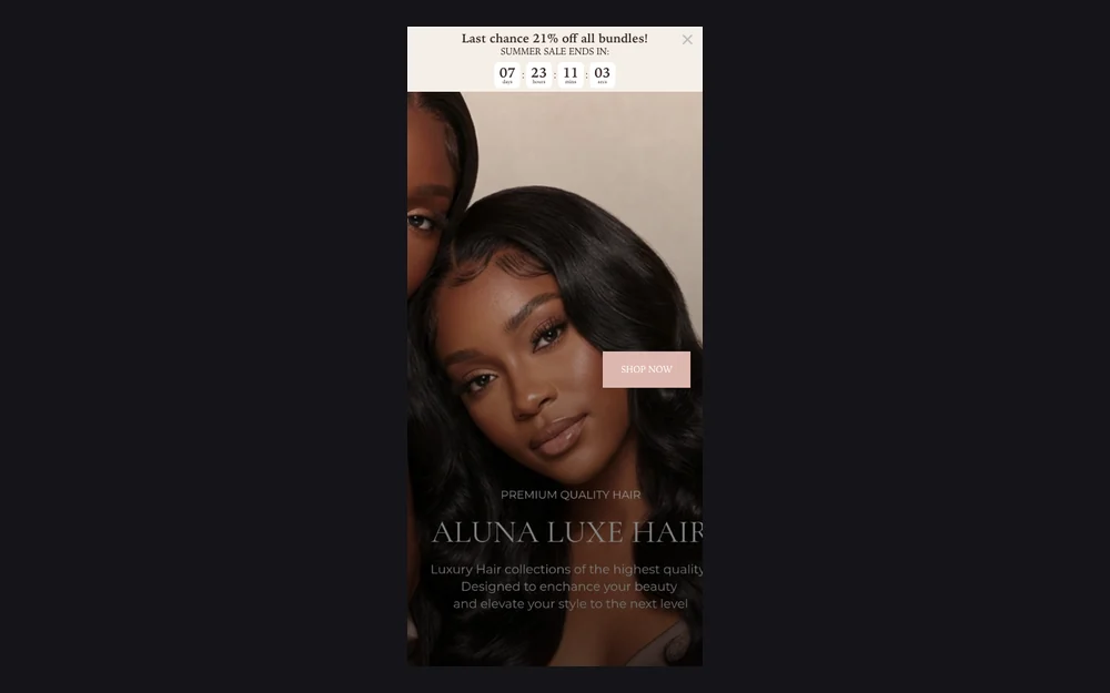 Original mobile homepage hero tightly cropped around a model’s face with the Shop Now button across the image.