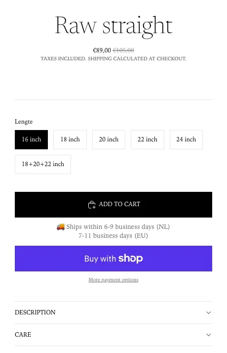 Details column of the original Raw Straight product page: title, sale price, a Lengte (length) option list, Add to cart, delivery times, Buy with Shop, and collapsed Description and Care panels.
