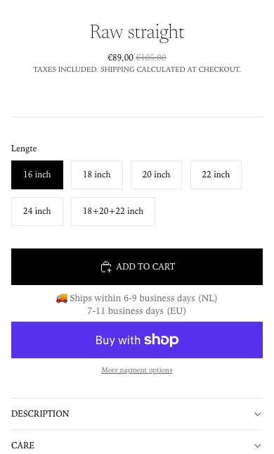 Original Raw Straight product page on a phone: title, sale price, Lengte options, Add to cart and collapsed Description and Care panels.