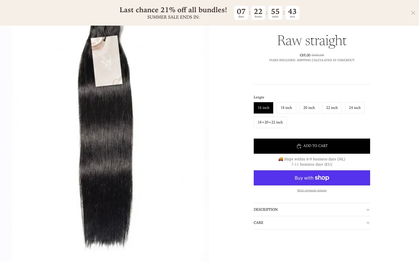 Original Raw Straight product page beneath a sitewide 21 percent promotion banner with variant pricing controls visible.