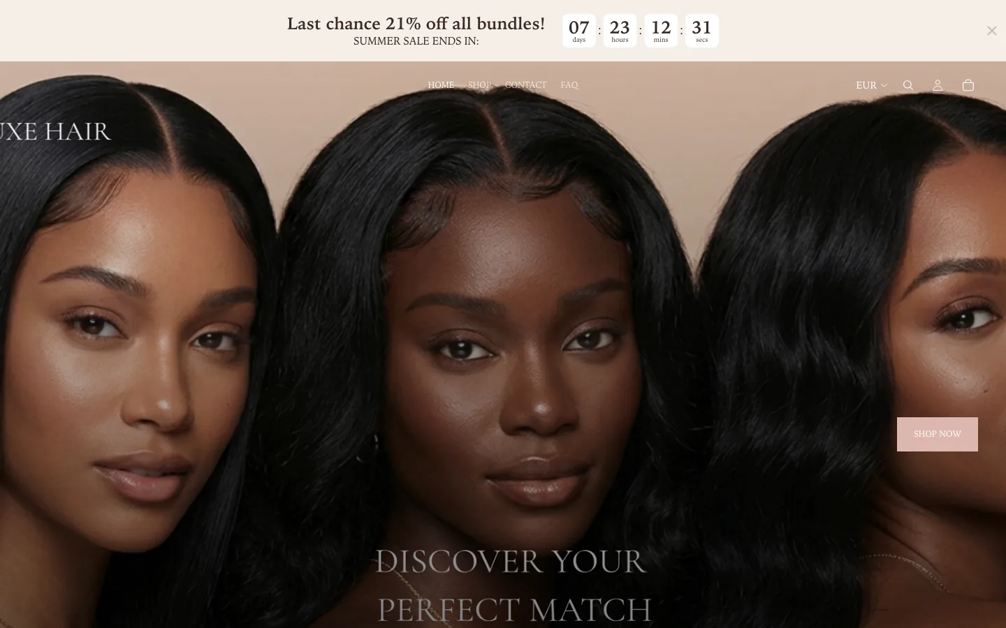 Original Aluna Luxe desktop storefront with a countdown banner, three-model hero and Discover Your Perfect Match message.