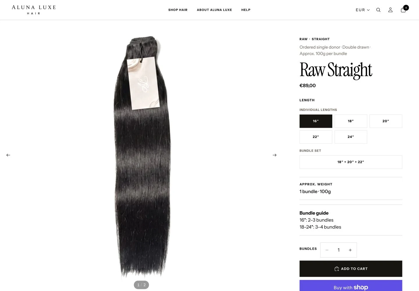 Raw Straight desktop product page with gallery, classification, length choices, bundle set, weight guidance, quantity and purchase controls.