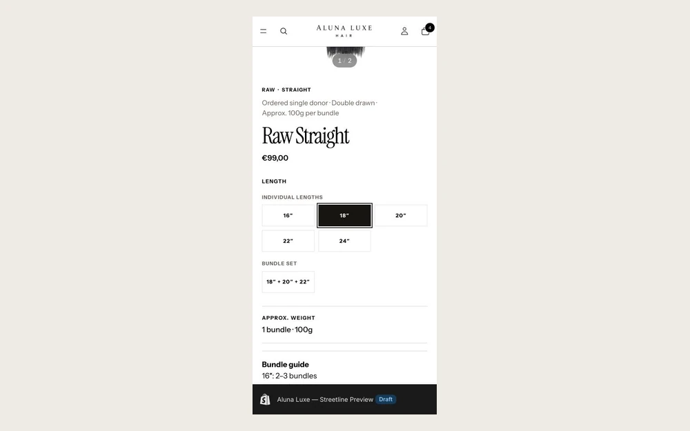 Raw Straight mobile product page with 18-inch selection, approximate weight and bundle guidance visible together.