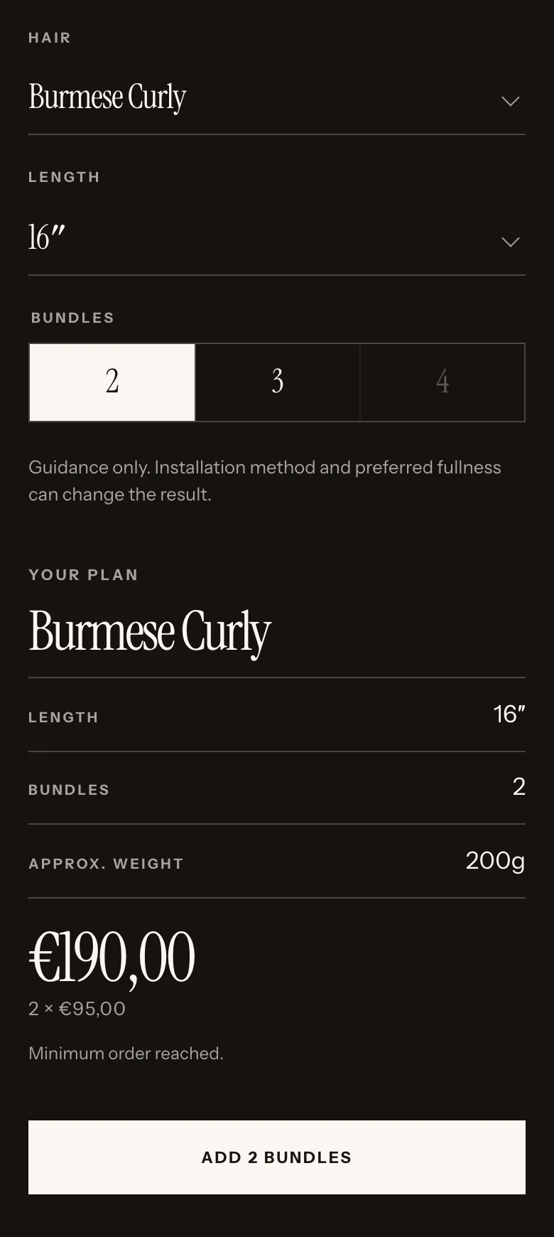 Bundle planner on a phone: Burmese Curly chosen as the hair, 16 inches as the length and 2 of 2, 3 or 4 bundles, then a plan showing 16 inches, 2 bundles, approximate weight 200g, a total of €190 and an Add 2 bundles button.