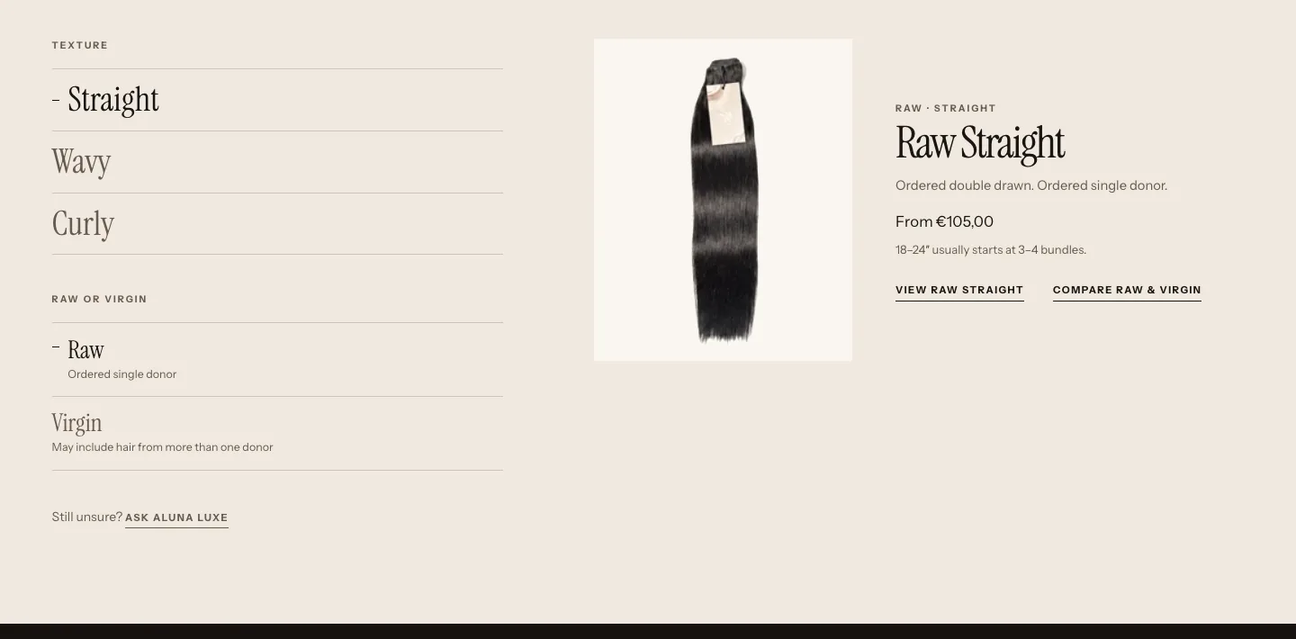 Find Your Hair with Straight and then Raw selected, showing the Raw Straight product, its starting price of €105 and a note that 18 to 24 inch lengths usually start at 3 to 4 bundles.