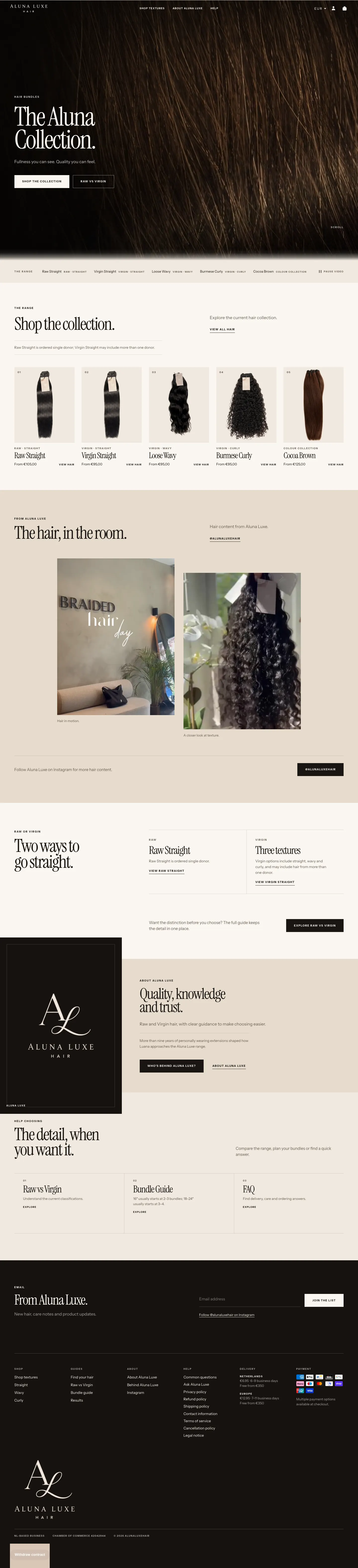 The complete rebuilt Aluna Luxe homepage: opening, product range, Instagram content, Raw or Virgin explanation, brand story, help routes and footer.