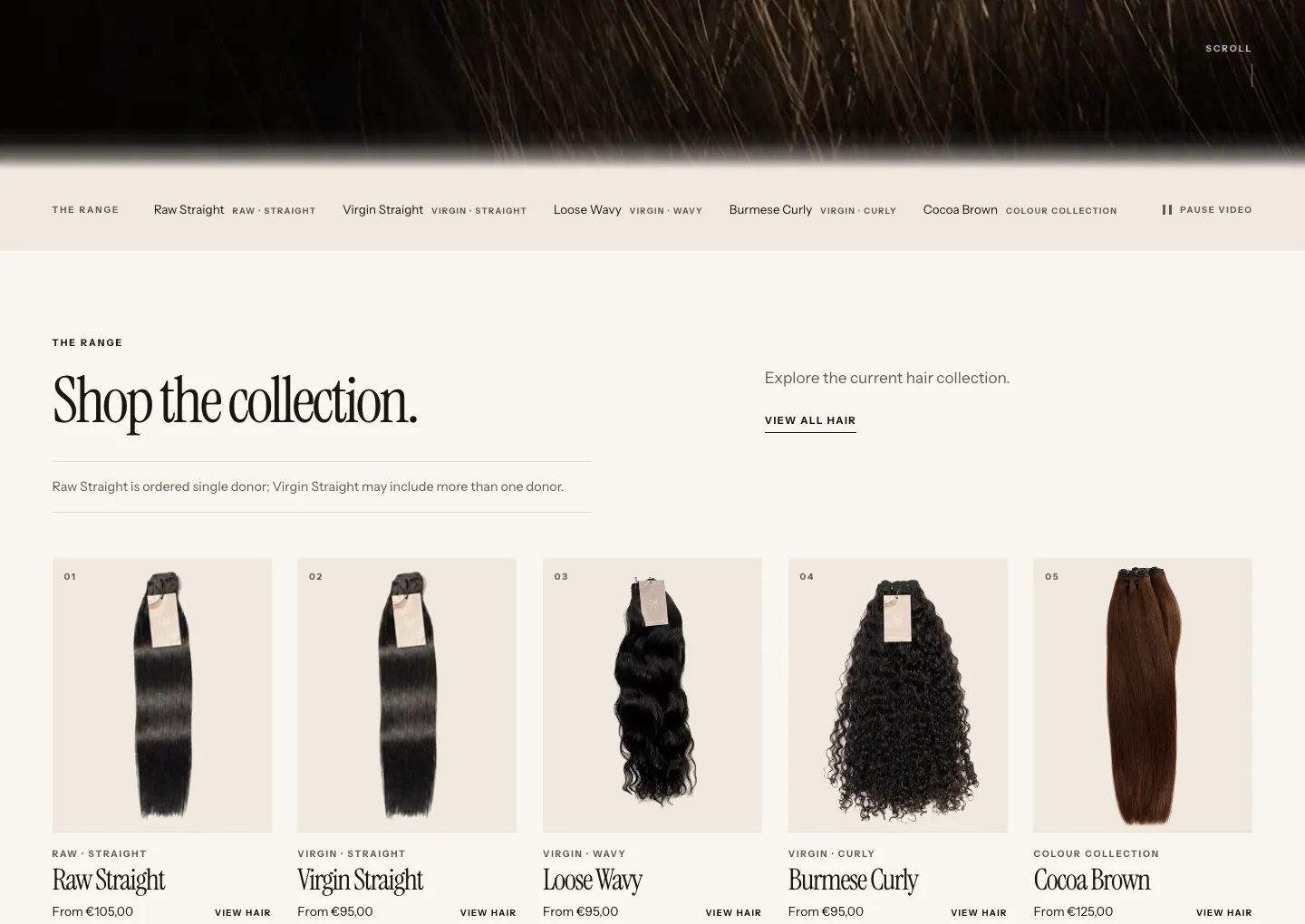 Rebuilt homepage below the opening: a row naming each product, then Shop the collection with five product cards showing Raw Straight, Virgin Straight, Loose Wavy, Burmese Curly and Cocoa Brown with starting prices.