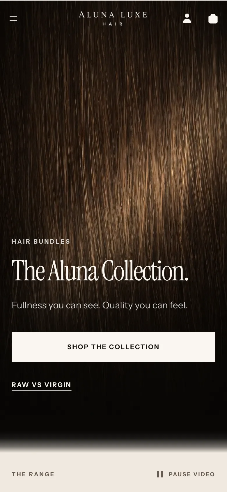 Aluna Luxe rebuild homepage on a phone, with The Aluna Collection and a full-width Shop the collection button.