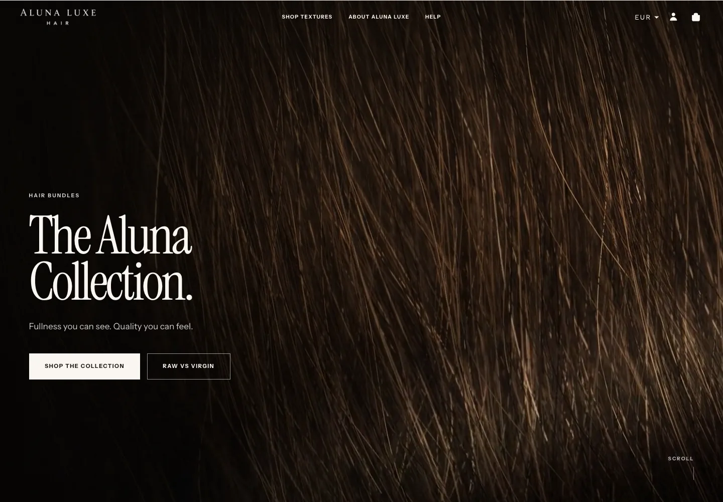 Aluna Luxe rebuild homepage on desktop, opening with The Aluna Collection.