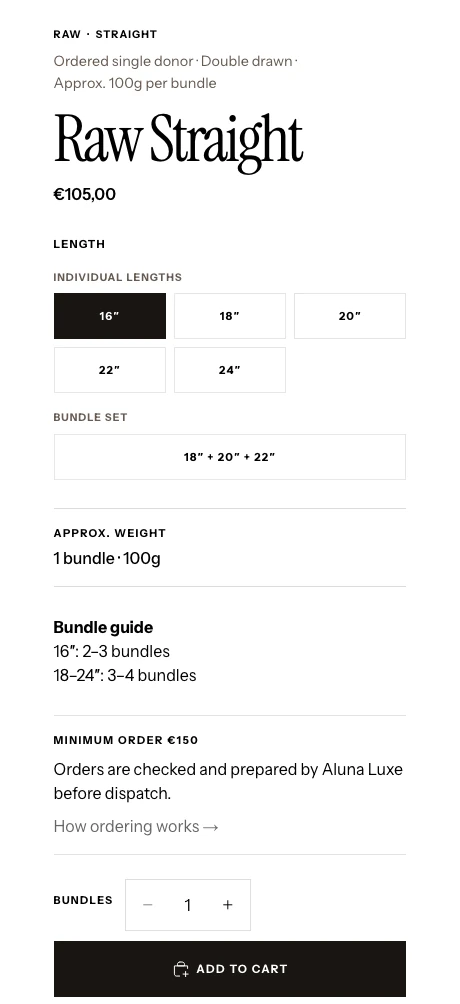 Details column of the rebuilt Raw Straight product page: hair type, price, lengths, bundle set, approximate weight per bundle, a bundle guide, the €150 minimum order, a bundle quantity and Add to cart in one column.