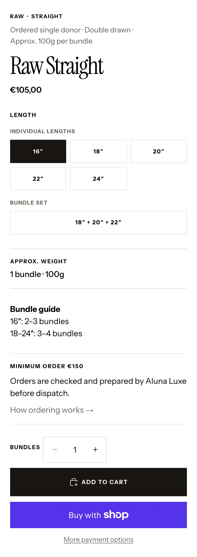 Rebuilt Raw Straight product page on a phone: hair type, price, lengths, bundle set, approximate weight, bundle guide, minimum order, quantity and Add to cart in one column.