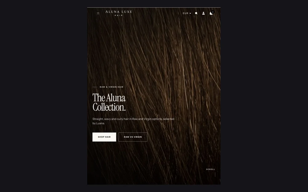 Verified Aluna Luxe rebuild homepage at the 768-pixel tablet review width.