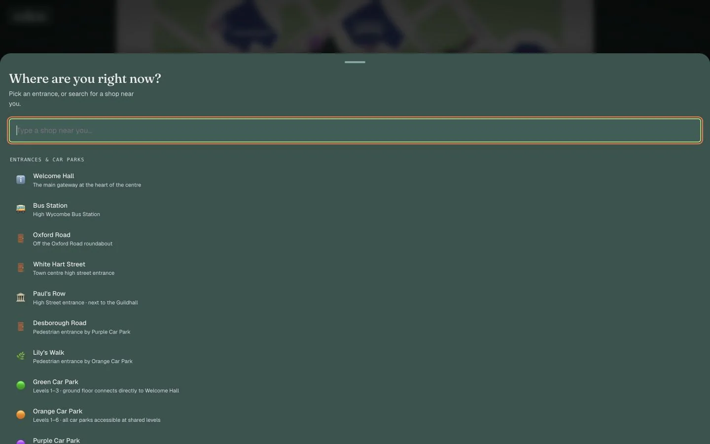 Eden Wayfinder destination and entrance selection interface on desktop.