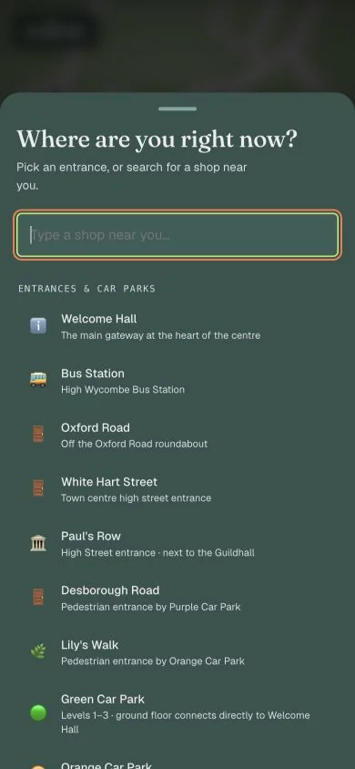 Eden Wayfinder mobile entrance selection and nearby-shop search interface.