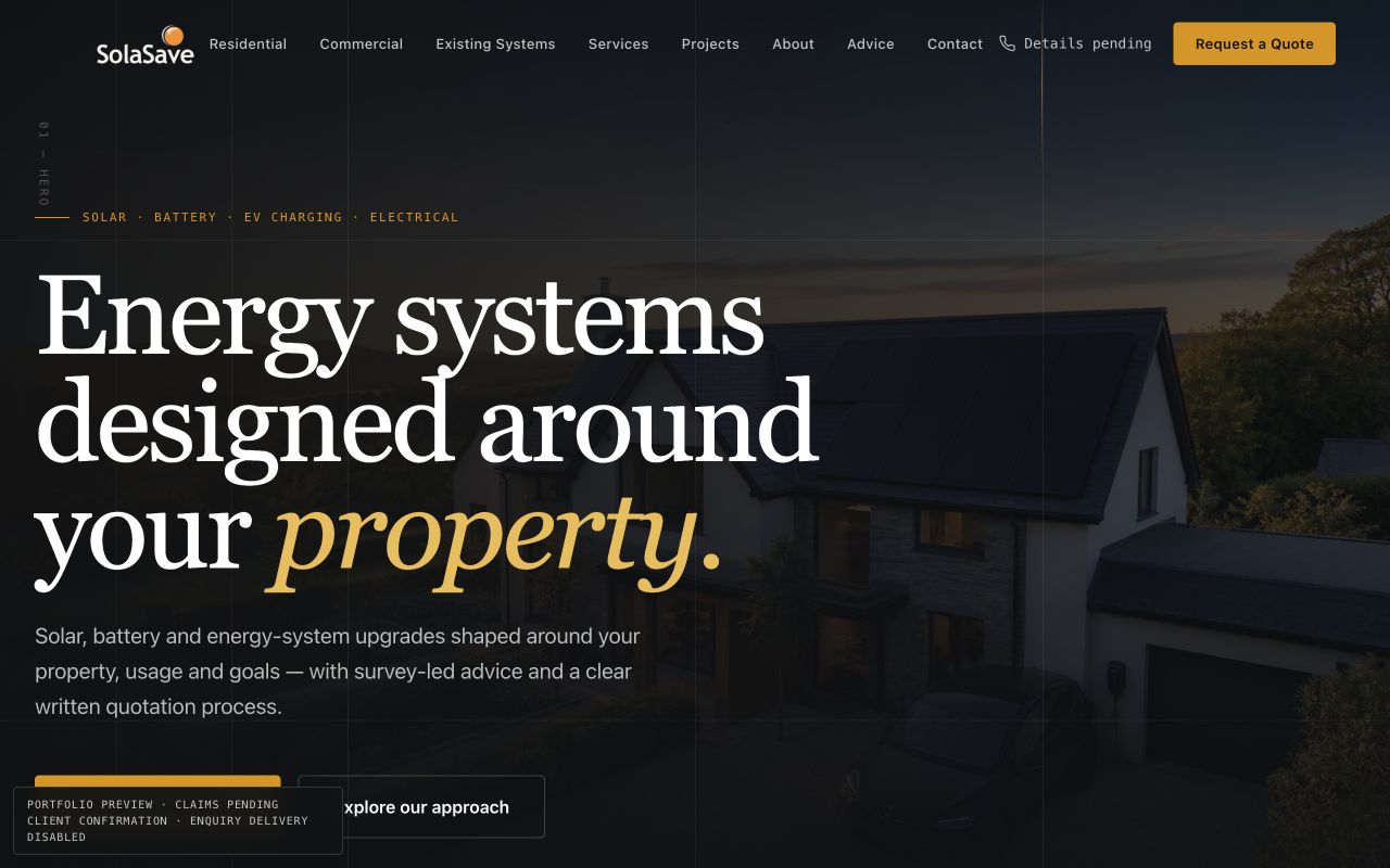 Solasave responsive pre-launch website at the desktop breakpoint.