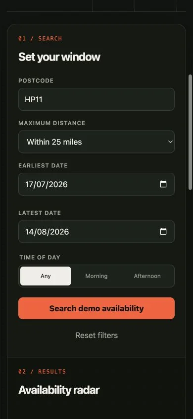 TestSlot Radar responsive demo showing the mobile availability filter interface.